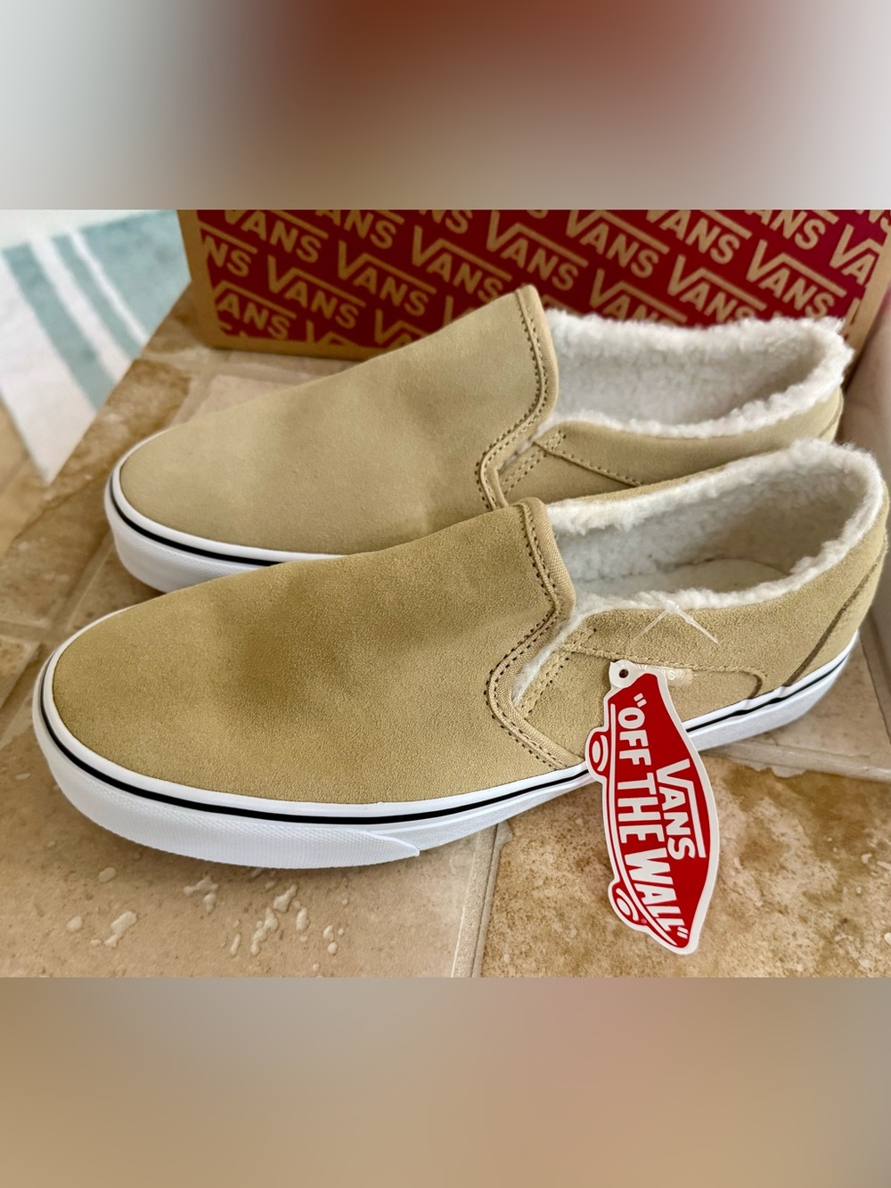 Vans Tan Slip-On Suede Sneakers with White Sherpa